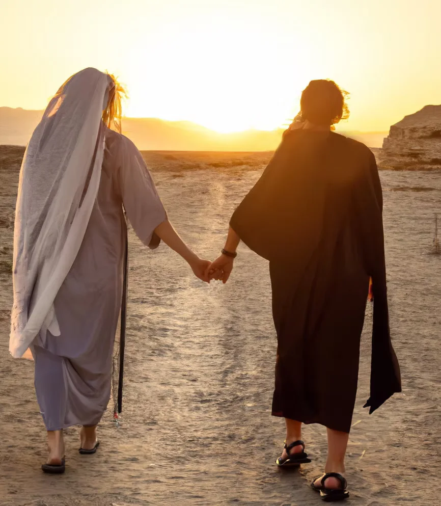 Two figures portraying Ruth and Naomi walk hand in hand through a desert at sunset